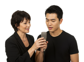 Engaging singing lesson with two instructors studio setting video content professional environment vocal training isolated on transparent background