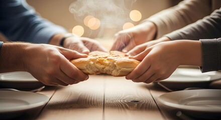 bread, a symbol of togetherness and the simple pleasure of a shared meal around a rustic table.