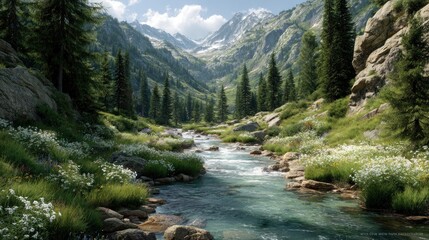 Serene Mountain River Landscape with Blooming Meadows