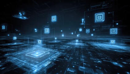 Futuristic digital landscape with glowing circuit elements