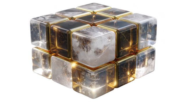 Cube made of glass and gold with a white background