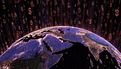 Digital globe with cascading currency symbols