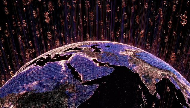 Digital globe with cascading currency symbols