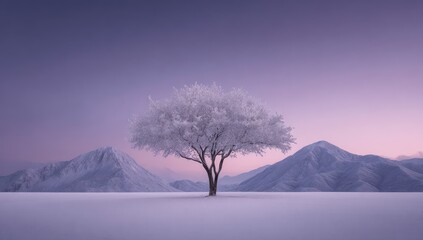 A snow-covered tree stands alone in a serene, snow-dusted landscape, framed by purplish-hued mountains under a twilight sky