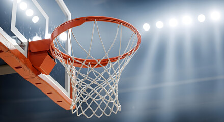 Dynamic basketball hoop with net under bright stadium lights, capturing the thrill of the game and the anticipation of victory.