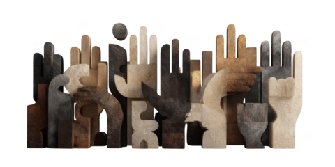 Group of hands are arranged in a row, with some hands being larger than others