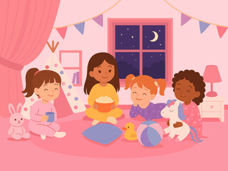 Girly night sleepover pink with unicorns and a tipi, vector for kids, cute school material, poster printable 