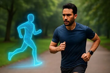 A runner with a digital avatar running alongside, showcasing the integration of augmented reality in fitness and the use of technology to enhance performance