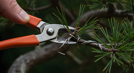 Close-up of hand using pruning shears to cut wire on a bonsai pine tree branch during cultivation and care.