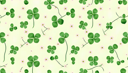 Repeating seamless pattern of clover leaves and small flowers, hand-painted style, spring theme, light green background