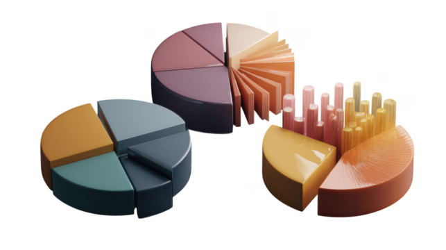 Three pie charts are shown, each with different colors and sizes