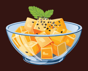 Fresh Cantaloupe Cubes Topped with Seeds and Mint - Vector Illustration