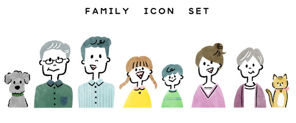 三世代家族とペットのシンプルな線画イラストアイコンセット