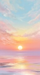 Fototapeta premium Pastel sunset over a calm ocean, soft clouds painted across a tranquil sky, reflecting warm hues on the water's surface