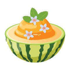 Fresh Melon Bowl with Sorbet and Blue Flowers - Vector Illustration