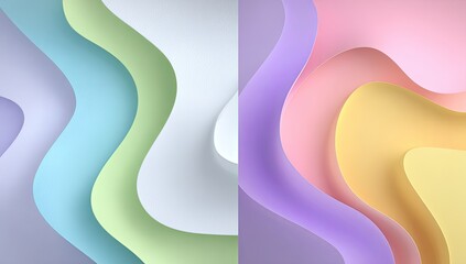 Abstract pastel-colored layered wavy design with smooth curves and soft gradients, creating a calming, dreamy effect split into two sections