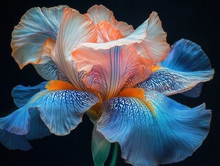 A vibrant iris flower featuring a captivating blend of peach, pink, and blue petals with intricate patterns. The dark background highlights its striking colors and unique details.