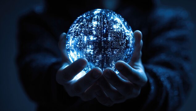 Glowing orb of digital code cradled in hands, dark background
