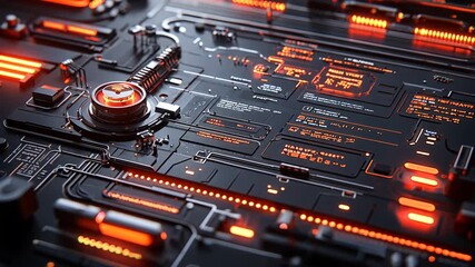 Dark futuristic circuit board shines with pulsating red light highlighting complex details for advanced technology artificial intelligence digital systems cutting edge innovation concept
