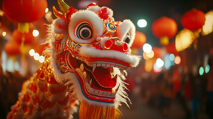 Fototapeta premium In the heart of a bustling Chinese city, the Lunar New Year springs to life with an exciting parade featuring dragon and lion dances, traditional music, and colorful fireworks.