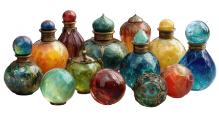 Collection of colorful glass vases and balls