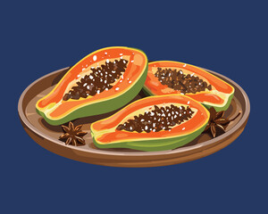 Ripe Papaya Halves with Spices on a Wooden Board - Vector Illustration