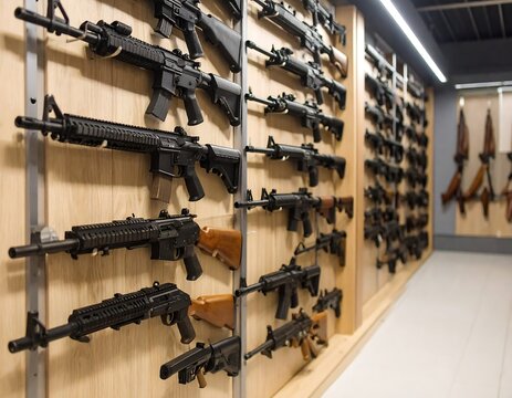 Array of firearms on wooden wall-mounted racks