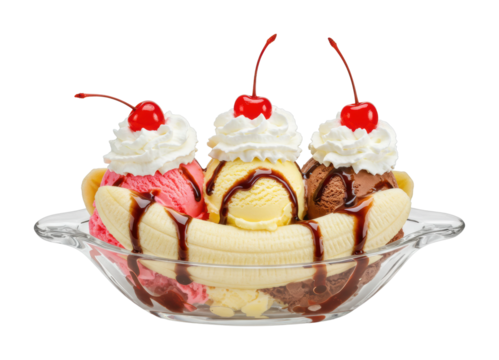 Delicious banana split dessert ice cream shop food bright environment indulgent treats isolated on transparent background