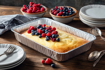 Yellow cake displays with raspberries and blueberries on dark wood. Use for cookbooks, menus, and food blogs.