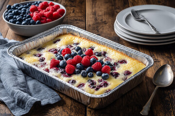 Yellow cake sparkles with berries; rustic wood surface gleams. Perfect for food blogs, baking, dessert posters.
