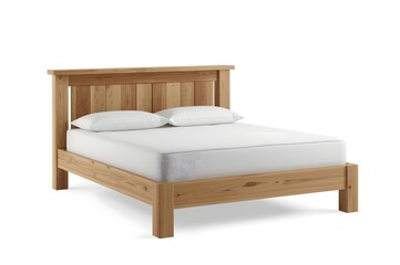 Obraz premium Rustic timber pine bed and mattress isolated on white background