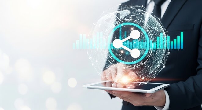 Businessman holding tablet with global network connection and data visualization - Powered by Adobe