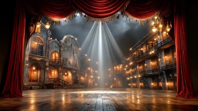 Dramatic theater stage with red curtains, spotlight, and old western town backdrop, creating a theatrical atmosphere