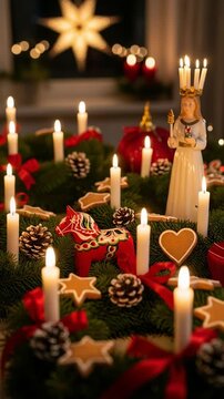Cozy Christmas table setting featuring a traditional Swedish Advent wreath with a Dala horse, Saint Lucia figure, and glowing candles.