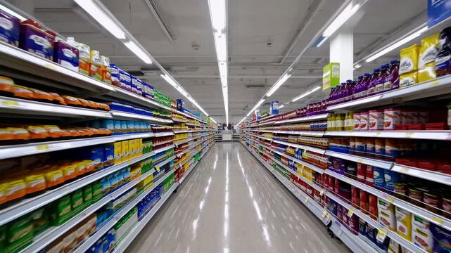 Dolly Shot Through a Pristine Grocery Aisle Filled With Colorful Products and Bright Lighting, Capturing a Clean and Organized Shopping Experience