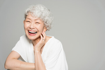 グレーヘアの笑顔の日本人女性