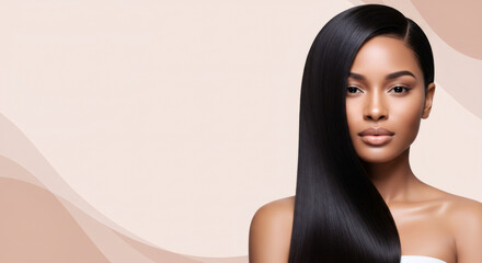 Young African American woman with shiny long black hair. Hair care, beauty and cosmetics banner. Studio shot with copy space.