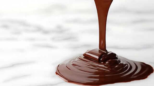 Pouring Rich Melted Chocolate with Smooth  Delicious Dessert on Marble Backdrop.
