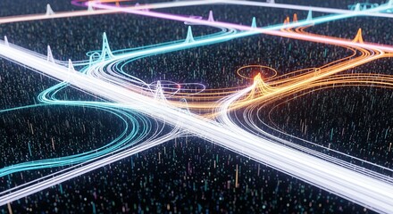 Aerial view of illuminated light trails on a dark background with abstract geometric shapes overlaying it