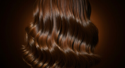 Fototapeta premium A back view of a woman with long, beautiful brown hair, showing healthy, shiny curls on a dark background. Haircare and beauty concept.