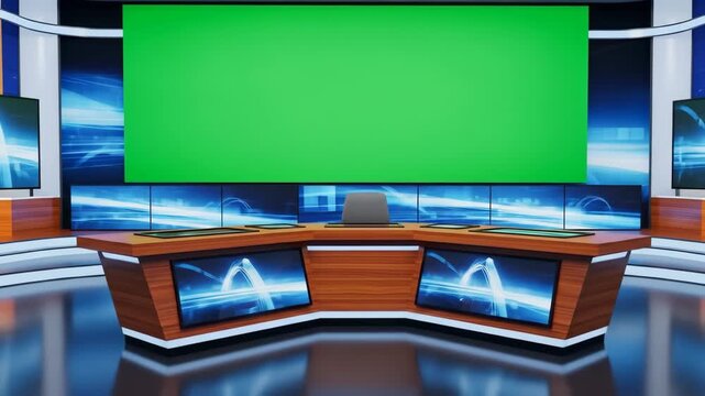 Modern news studio set with a large green screen and multiple monitors.