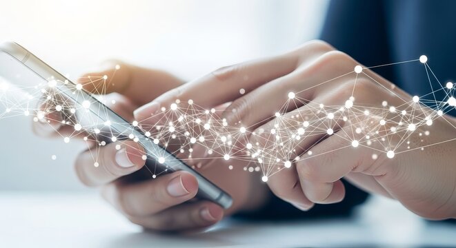 Closeup of hand using smartphone with digital network connection technology