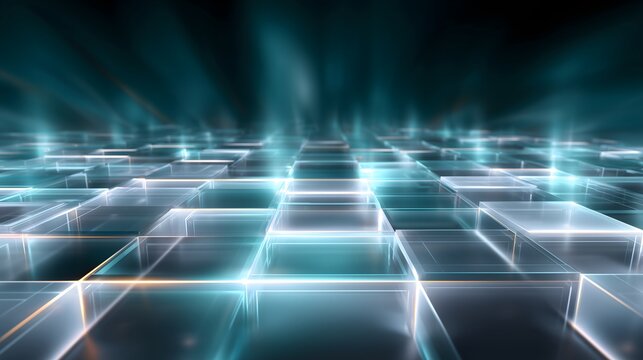Minimalist abstract floating tech grid with glowing translucent layers, blue teal gradient background and futuristic depth in soft lighting