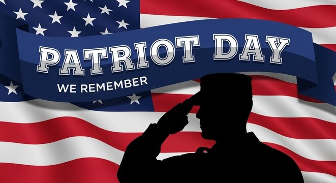 Soldier saluting with american flag and patriot day banner behind him