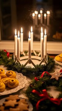 Festive Swedish holiday table with traditional Lussekatter saffron buns, gingerbread cookies, and a lit candelabra. Cozy winter celebration.
