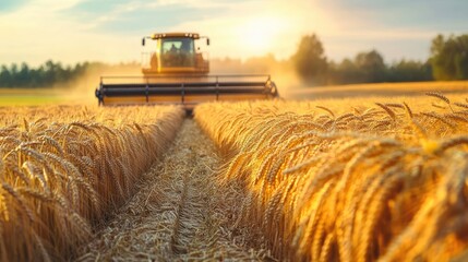 Fototapeta premium Harvesting wheat in a golden field under a beautiful sunset, showcasing agricultural machinery in action and nature's beauty.