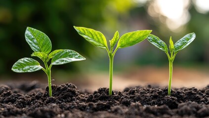 Fototapeta premium Three young green plants sprout from rich soil, symbolizing growth and renewal in nature. A beautiful representation of life.