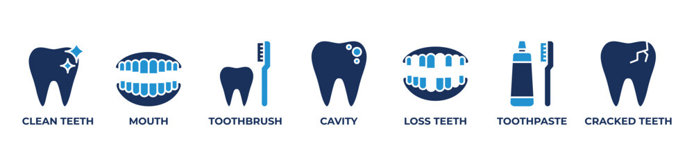 Complete Oral Care Icons set vector illustration blue with Clean teeth, Mouth, Toothbrush, Cavity, Loss teeth, Toothpaste, Cracked teeth