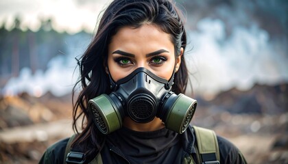 Woman in gas mask, apocalyptic scene