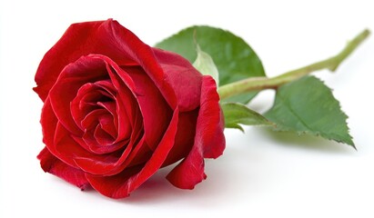 Fototapeta premium A vibrant red rose with lush green leaves, symbolizing love and beauty. Perfect for romantic occasions and floral arrangements.